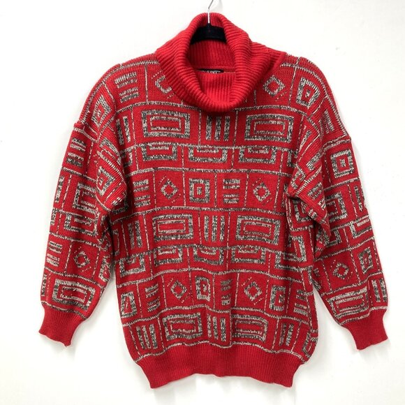 Kitty Hawk Vintage Sweater, Women's Sz Medium, Red White Black Geometric Boxy - Picture 1 of 8